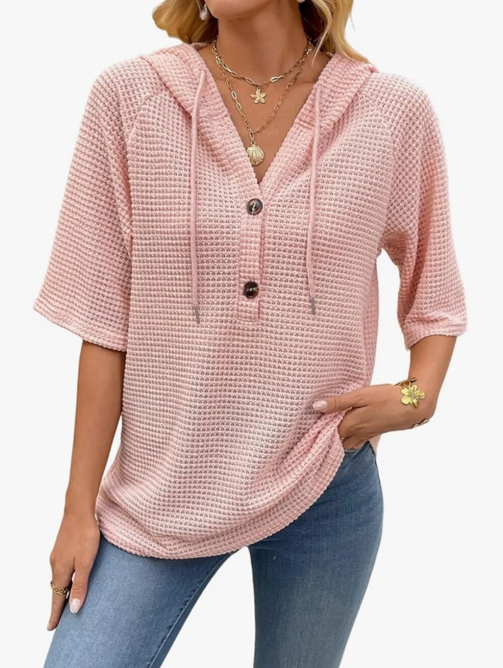 Short Sleeve Tops Waffle Knit Hoodies Drawstring Button V Neck